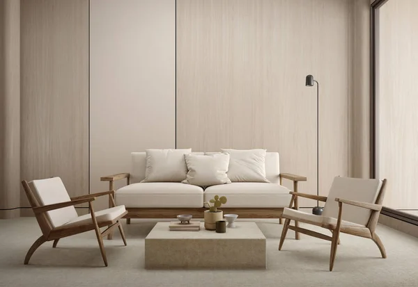 Holztöne Wohnzimmer Modernen Stil Mit Sofa Stuhl Lampe Und Holzwand — Stockfoto