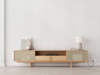 Boş beyaz duvar arkaplanı olan televizyon kabinesi. En az 3D biçimlendirme