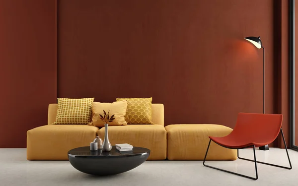 黄色のソファと赤の壁とモダンなリビングルームのインテリア — ストック写真