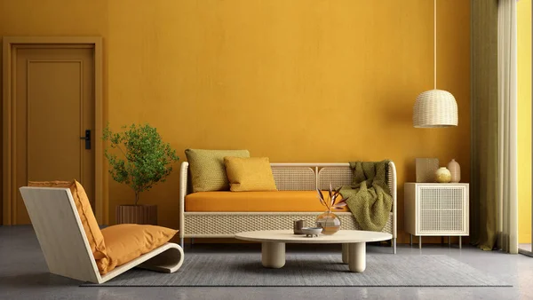 ソファ アームチェア ランプ 植物と黄色のリビングルームのインテリア — ストック写真