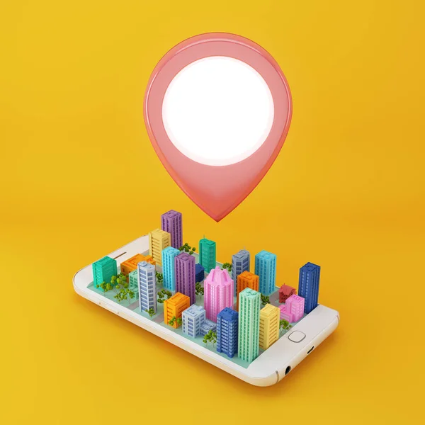 手机上带有城市模型的位置销图标 3D渲染 — 图库照片