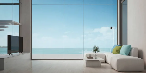 Modern Strandhuis Wooninterieur Met Uitzicht Zee Vanuit Het Raam Rendering — Stockfoto