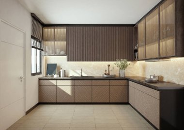 Koyu ahşap tonlu modern tasarımlı mutfak.