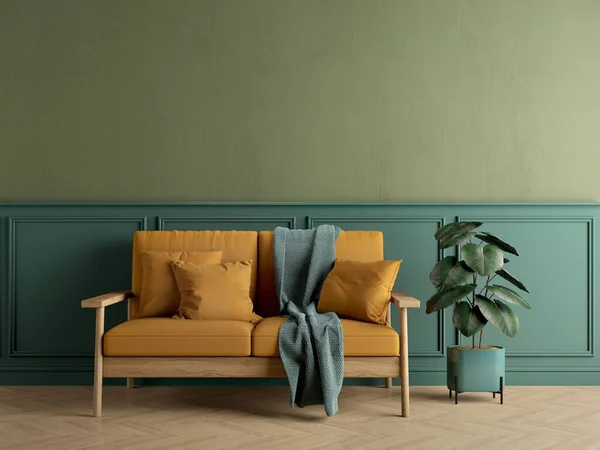黄色のソファ ゴム植物や木の床と緑の部屋のインテリア — ストック写真