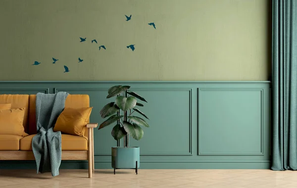 黄色のソファと緑の部屋のインテリア 壁にゴム植物や飛行鳥のグラフィック 3Dレンダリング — ストック写真