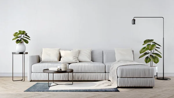 Weißes Wohnzimmer Modernen Stil Mit Sofa Tisch Gummipflanze Und Stehlampe — Stockfoto