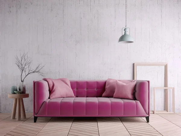 Vintage industrial style living room with purple sofa,wood floor,ceiling lamp and grunge white wall background.3d rendering