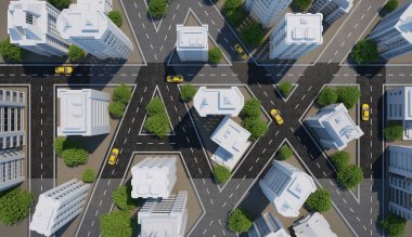 Şehir ve yol üstü manzaralı, 3D hareketli bir taksi.
