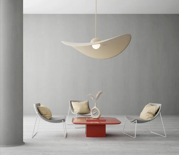 Style Minimaliste Intérieur Vivant Avec Table Chaise Lampe Plafond Vase — Photo