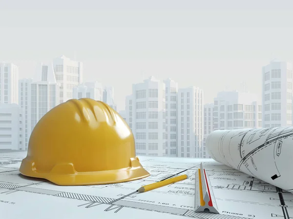 Hard hat and blueprint plan with building background.Architect concept.3d rendering