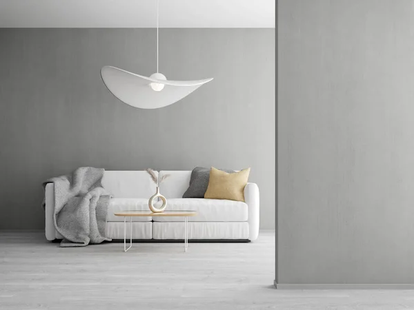 Minimaler Wohnbereich Grau Mit Deckenlampe Und Sofa Kopierraum Der Wand — Stockfoto
