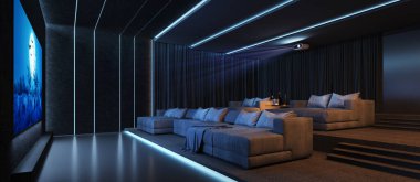 Lüks ev sinema salonu, büyük bir kanepe 3D görüntüsü.