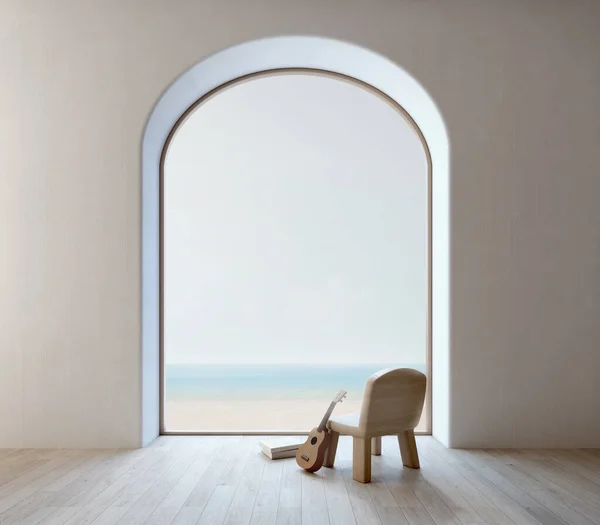 Minimální Design Interiéru Židle Ukulele Obloukové Okno Výhledem Moře Vykreslování — Stock fotografie