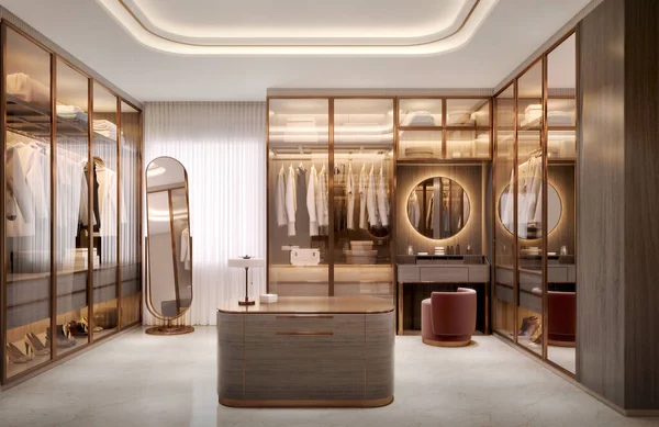 Luxus Begehbarer Kleiderschrank Mit Holz Und Goldelementen Rendering — Stockfoto