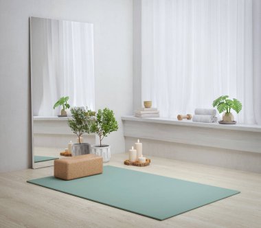 Yoga minderiyle yoga odasında bitki, kokulu mum ve aynalı 3D görüntüleme.