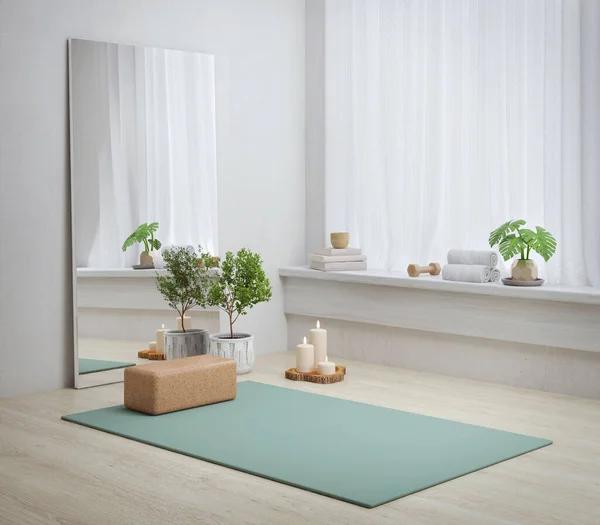 Esterilla Yoga Sala Yoga Con Planta Vela Perfumada Renderizado Mirror — Foto de Stock