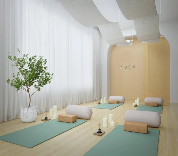 Yoga mats in yoga room with plant,scented candle and white curtain background.3d rendering