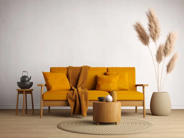 Living Room Interior Wooden Sofa Yellow Cushion White Wall Background — ストック写真