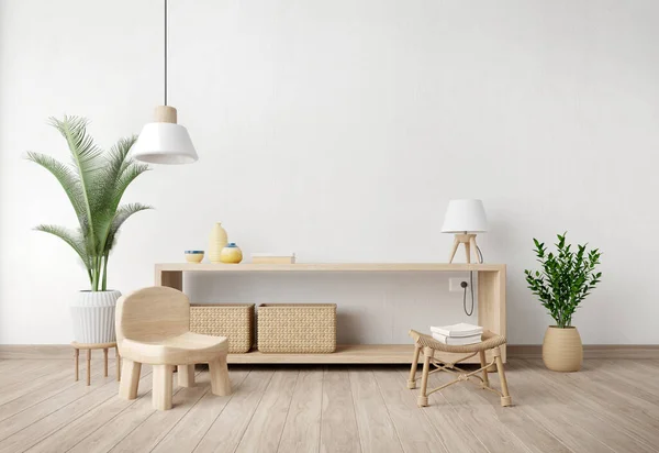 Wohnzimmerausstattung Mit Ständer Stuhl Lampe Topf Und Pflanze Auf Weißem — Stockfoto