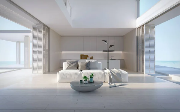 Weißes Wohnzimmer Luxus Haus Modernem Stile Weißes Sofa Holzboden Und — Stockfoto