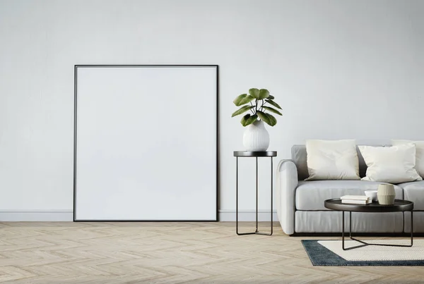 Blank Frame Picture Modern Living Room Sofa Plant Rendering — Foto Stock