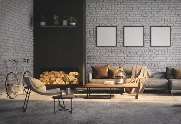 Industrial loft living room interior with sofa,wood tables,blank picture frame and brick wall.3d rendering