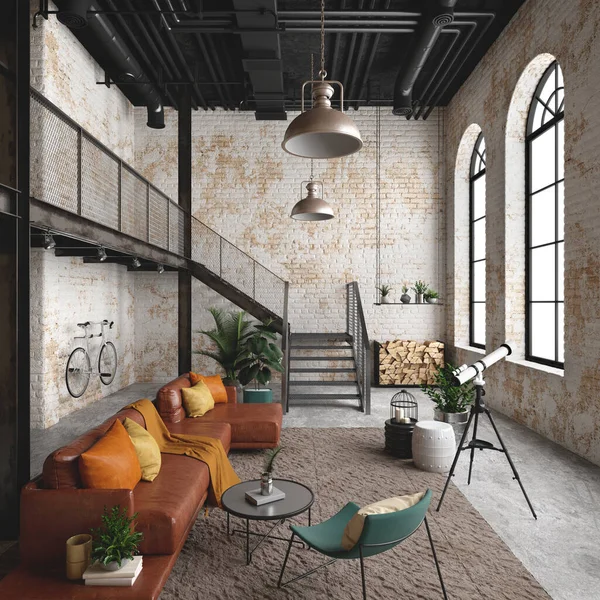 Industrial loft living room interior with sofa,lamp and brick wall.3d rendering