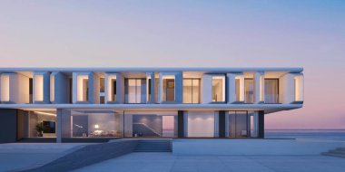 Deniz manzaralı modern mimarinin ön görüntüsü 33D görüntüleme