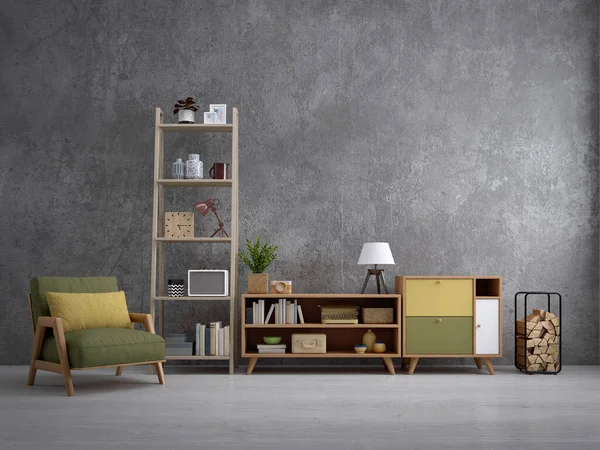 Mockup Living Room Wood Cabinet Table Shelf Armchair Polished Concrete — ストック写真