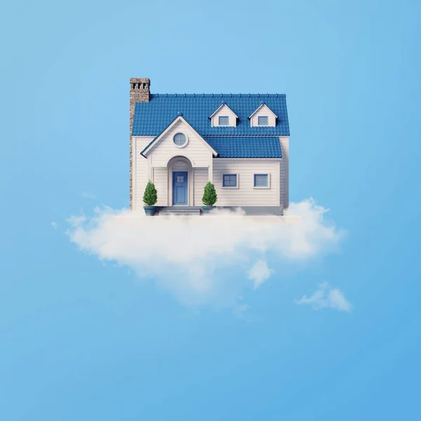 Дом Плывущий Облакам Фоне Голубого Неба — стоковое фото
