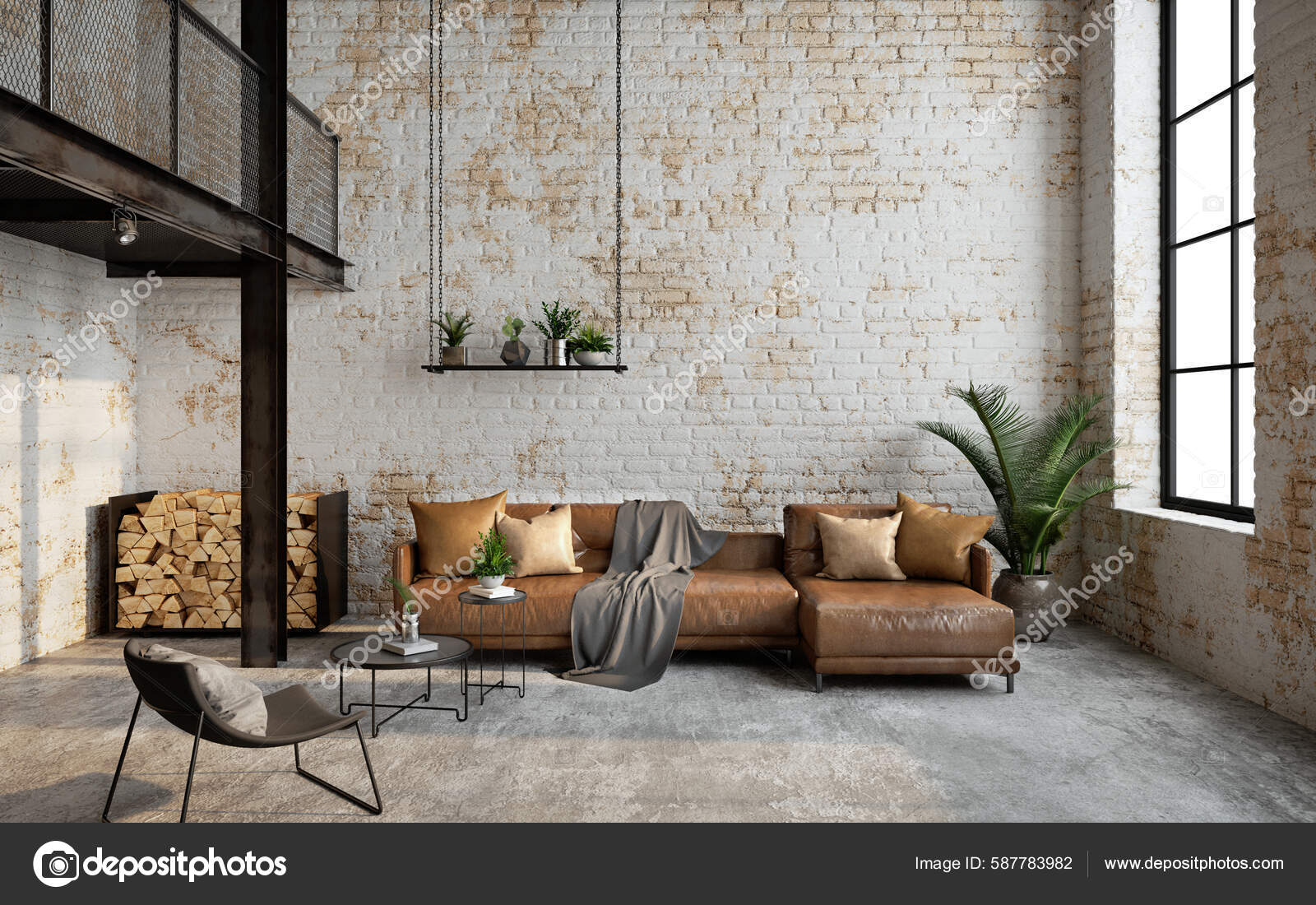 Interior Sala Estar Loft Industrial Com Sofá Cadeira Tijolo Wall