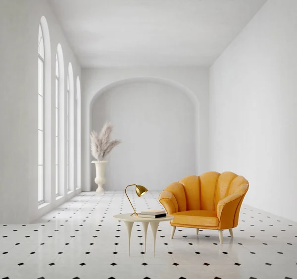 White Modern Classic Style Interior Yellow Armchair Table Lamp Rendering — ストック写真