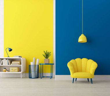 Modern interior room with armchair.Blue and yellow wall background.3d rendering