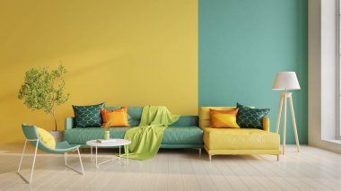 Modern tarzda oturma odası, kanepesi, sarı ve yeşil duvarlı sandalyesi 33. derece.