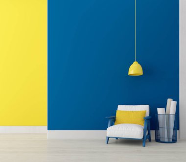 Modern interior room with armchair.Blue and yellow wall background.3d rendering