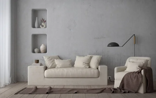 Mediterranean Style Living Room Interior Sofa Armchair Wooden Floor White — 스톡 사진