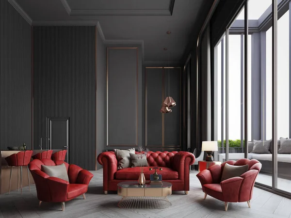 Modern Classic Interior Red Sofa Armchairs Stools Dark Room Rendering — Stock Fotó