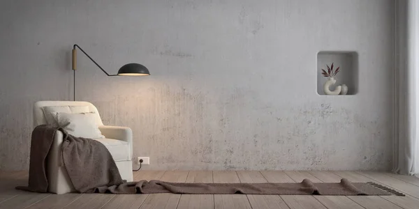 Mediterranean Style Room Interior Armchair Wall Lamp Wooden Floor White — 스톡 사진