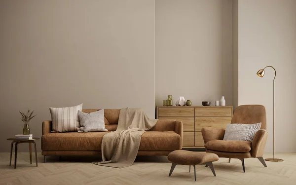 Brown Living Room Sofa Armchair Table Lamp Rendering —  Fotos de Stock