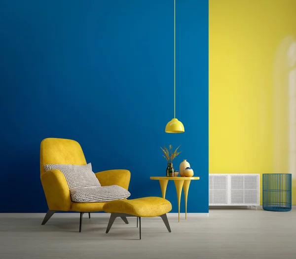 Modern Interior Room Yellow Armchair Blue Yellow Wall Background Rendering — Foto Stock