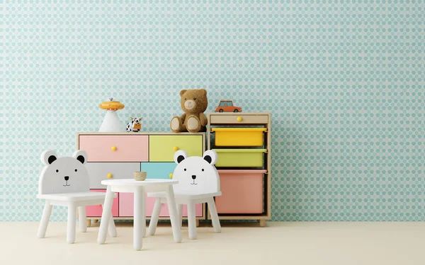 Pastel room for kid.Chairs,drawer,shelf and cute stuff with copy space.3d rendering