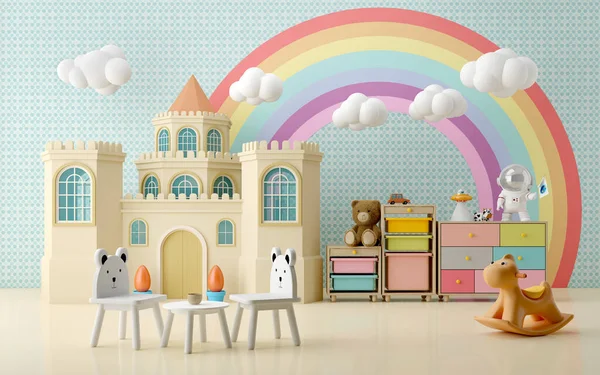 Pastel kid room.Chairs,drawer,shelf,castle,cute stuff and rainbow in background.3d rendering