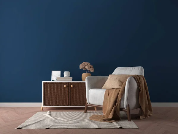 Living Room Interior Armchair Table Dark Blue Wall Background Rendering — ストック写真