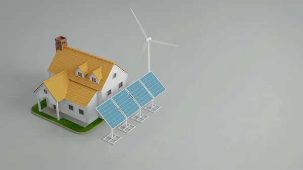 House with energy saving.Solar panels and windmills.Isometric.3d rendering