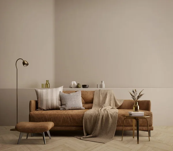 Braunes Wohnzimmer Mit Sofa Tisch Und Lamp Rendering — Stockfoto