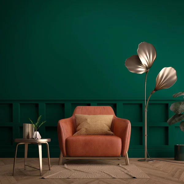 Living Room Interior Armchair Pillow Lamp Table Plant Art Deco — Stok fotoğraf