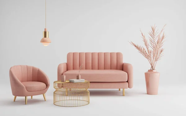 Modern Classic Style Pink Sofa Armchair Gold Table White Background — Stock Photo, Image