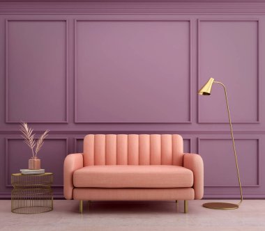 Pembe kanepeli modern klasik stil ve mor duvarlı altın masa.