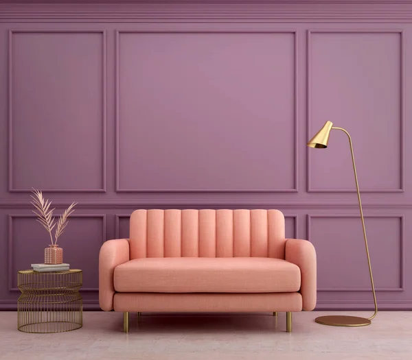 Estilo Clásico Moderno Con Sofá Rosa Mesa Oro Pared Púrpura — Foto de Stock