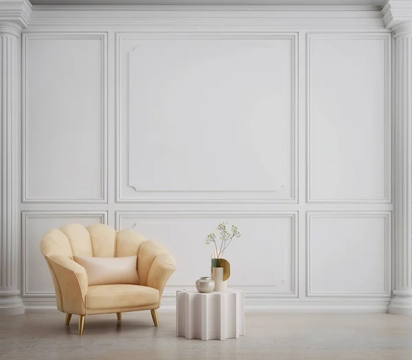 Classic white room with armchair column and wall molding.3d rendering